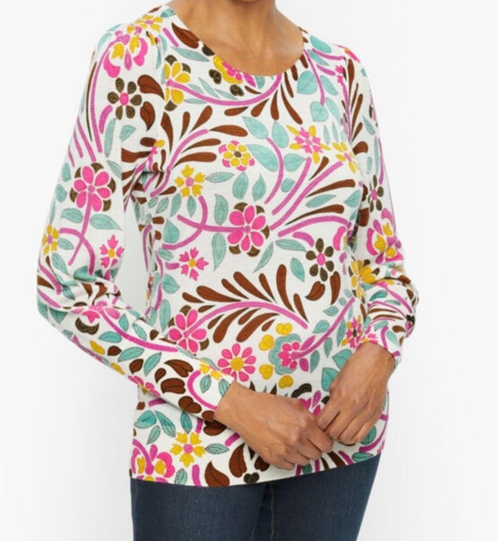 Talbots Pure Merino Wool Floral Print Long Sleeve Sweater Top Size L